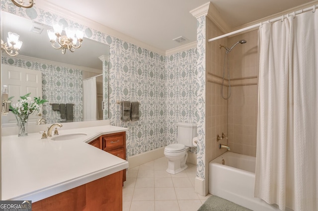 full bathroom featuring tile patterned flooring, vanity, shower / bath combination with curtain, toilet, and crown molding