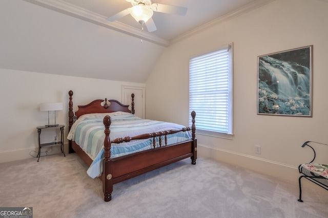 bedroom featuring ceiling fan, multiple windows, lofted ceiling, and crown molding