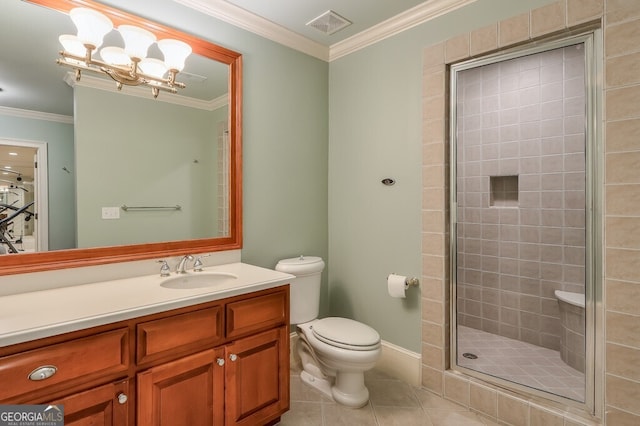 bathroom featuring an enclosed shower, tile patterned flooring, vanity, toilet, and ornamental molding