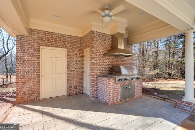 view of patio with ceiling fan, exterior kitchen, and a grill