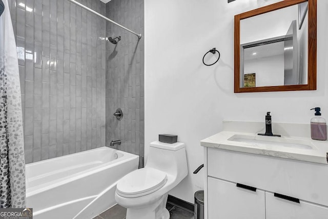 full bathroom featuring vanity, shower / bath combo, tile patterned floors, and toilet