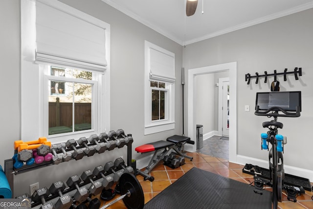 workout room with ceiling fan, tile patterned floors, and ornamental molding