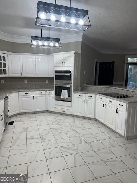 kitchen featuring stainless steel double oven, ornamental molding, black electric cooktop, and white cabinets