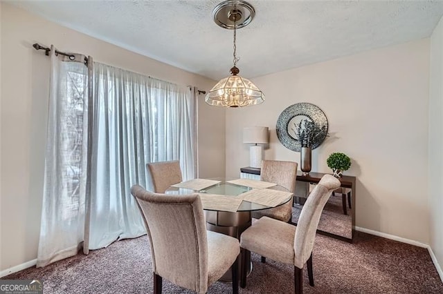 carpeted dining space with an inviting chandelier