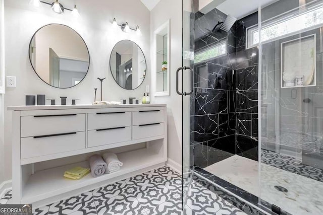 bathroom with vanity and walk in shower