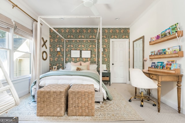 bedroom with ornamental molding and ceiling fan