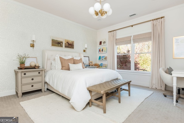 bedroom featuring crown molding, a chandelier, and light carpet