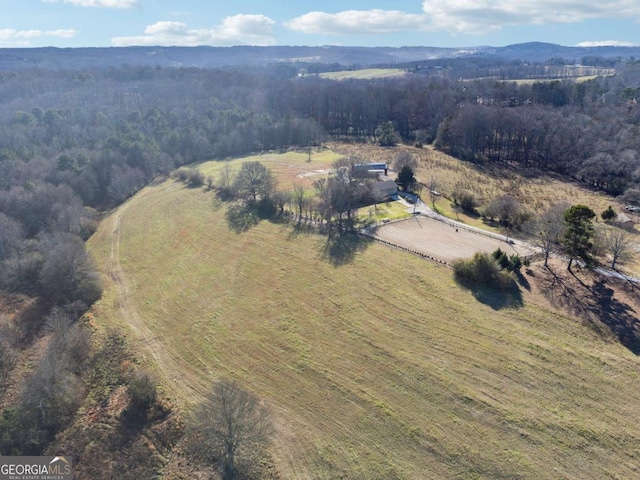 birds eye view of property featuring a mountain view and a rural view