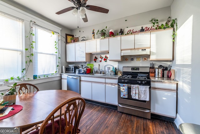 kitchen featuring sink, dark wood-type flooring, white cabinetry, and appliances with stainless steel finishes