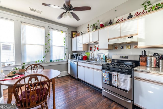 kitchen with sink, white cabinets, dark wood-type flooring, and stainless steel appliances