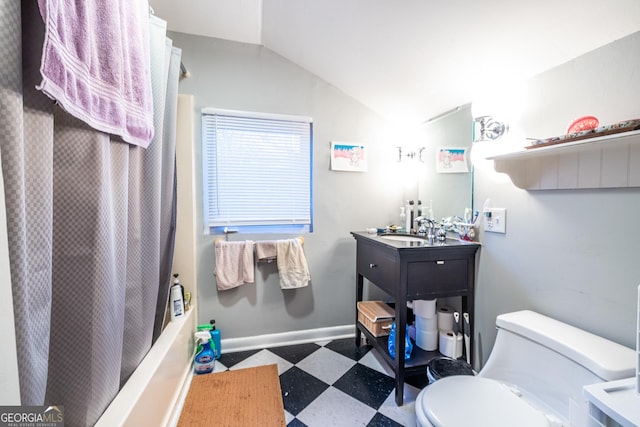 full bathroom with toilet, vanity, vaulted ceiling, and shower / tub combo with curtain