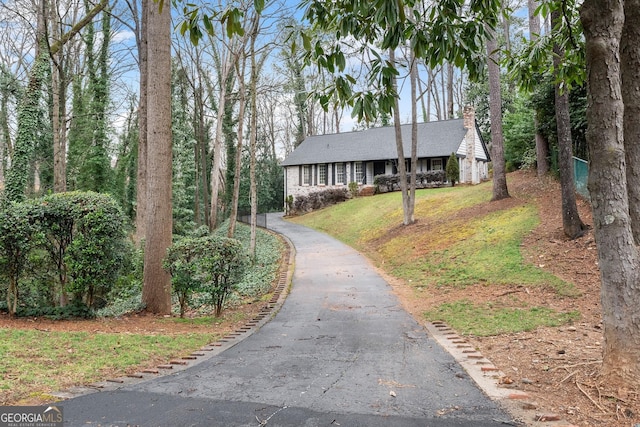 single story home with a front lawn, driveway, and a chimney