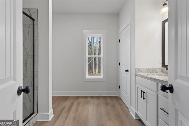 bathroom with vanity, hardwood / wood-style floors, and a shower with shower door