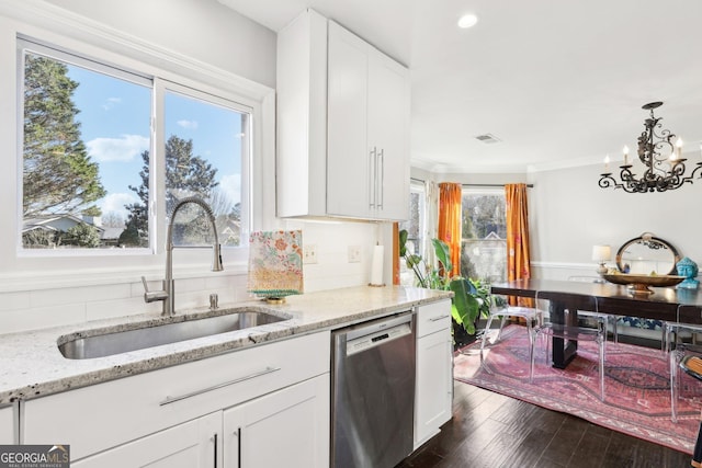 kitchen with light stone countertops, white cabinetry, decorative backsplash, sink, and stainless steel dishwasher