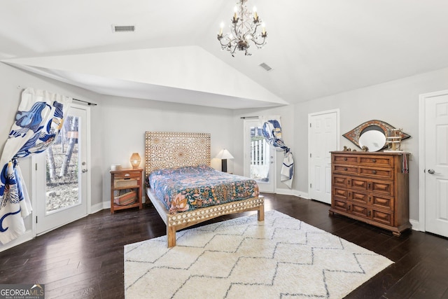 bedroom featuring multiple windows, access to exterior, dark hardwood / wood-style floors, and lofted ceiling