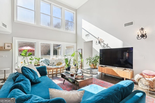 living room with hardwood / wood-style flooring and a high ceiling