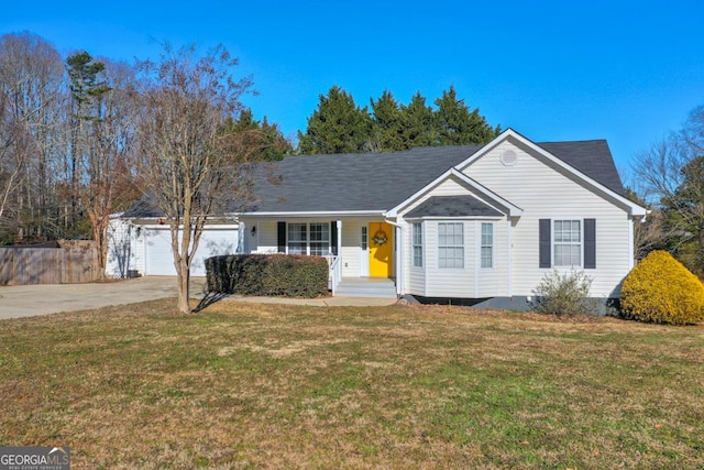 ranch-style house featuring a garage, a front yard, and a porch