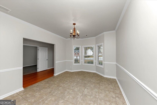 unfurnished dining area with light tile patterned floors, crown molding, and a chandelier