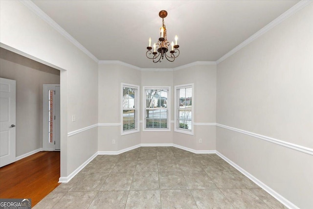 unfurnished dining area with a chandelier, ornamental molding, and light tile patterned floors