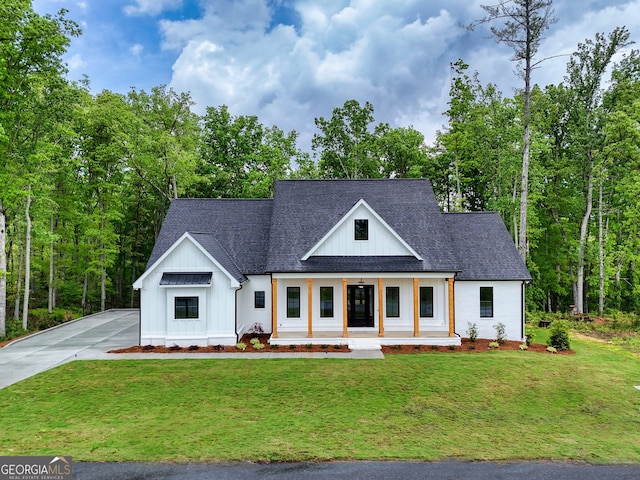 modern inspired farmhouse with roof with shingles, board and batten siding, a porch, and driveway