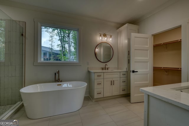 bathroom with a freestanding bath, vanity, a tile shower, and a walk in closet