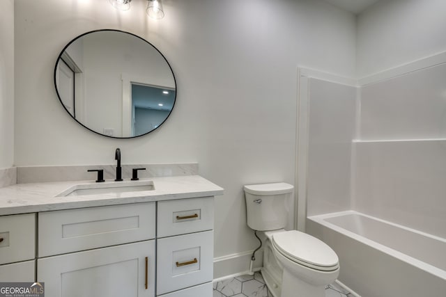 full bath with toilet, baseboards, and vanity