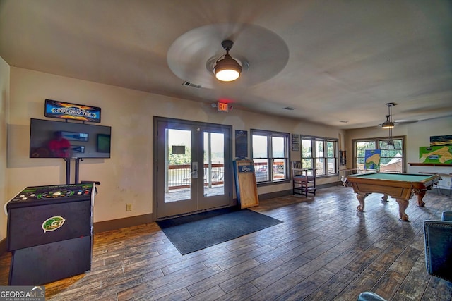 recreation room featuring french doors, baseboards, pool table, wood finished floors, and visible vents
