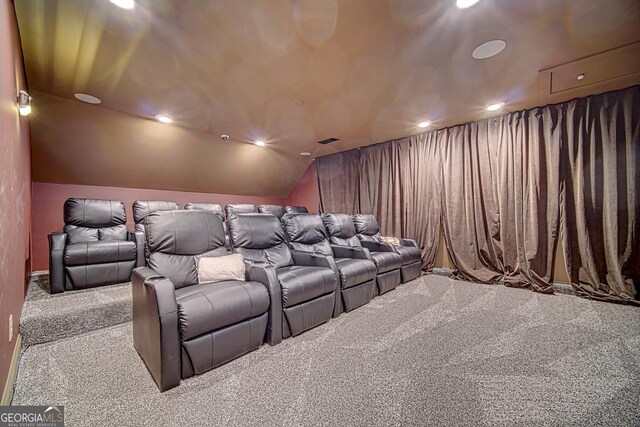 cinema room featuring recessed lighting, carpet flooring, and lofted ceiling
