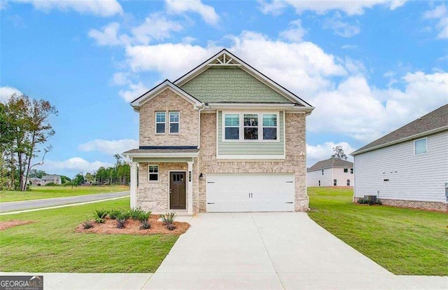 craftsman inspired home with a garage and a front lawn