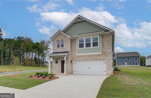 craftsman-style home featuring a garage and a front lawn