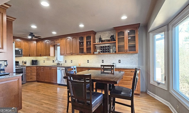 kitchen with stainless steel appliances, decorative backsplash, and light hardwood / wood-style flooring