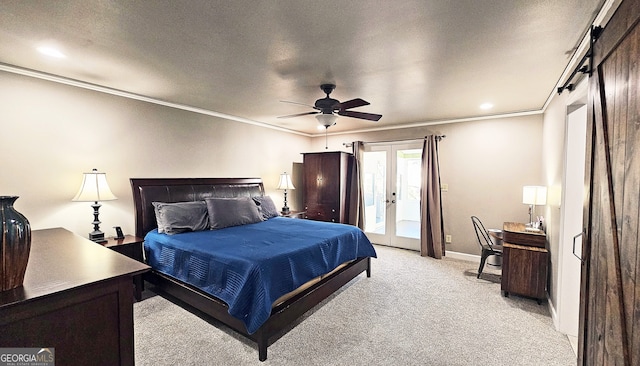 carpeted bedroom featuring ceiling fan, access to exterior, ornamental molding, a textured ceiling, and french doors