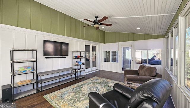 living room with wood ceiling, ceiling fan, dark hardwood / wood-style flooring, and vaulted ceiling