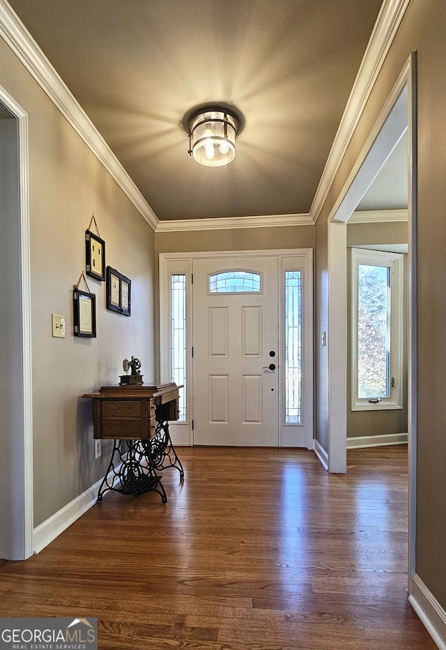 entrance foyer featuring ornamental molding and dark hardwood / wood-style floors