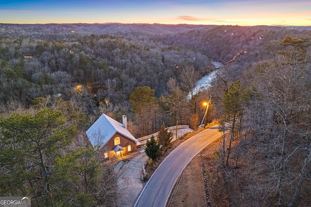 view of aerial view at dusk