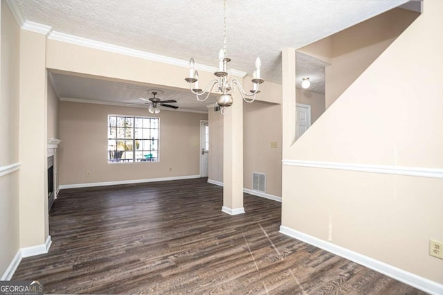 unfurnished living room with crown molding, dark hardwood / wood-style flooring, ceiling fan with notable chandelier, and a textured ceiling