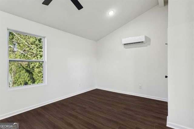 unfurnished room with vaulted ceiling, an AC wall unit, dark wood-type flooring, and ceiling fan