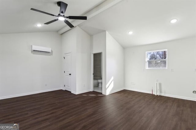 unfurnished living room with ceiling fan, an AC wall unit, vaulted ceiling with beams, and dark hardwood / wood-style floors