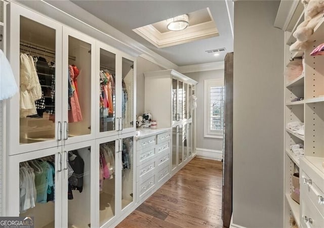 mudroom with dark hardwood / wood-style flooring and crown molding