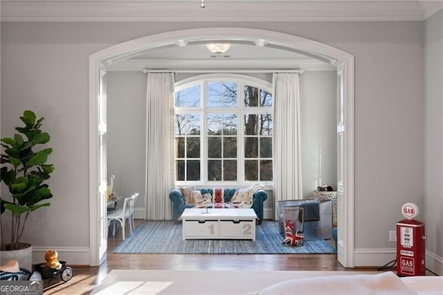 living area featuring wood-type flooring and ornamental molding