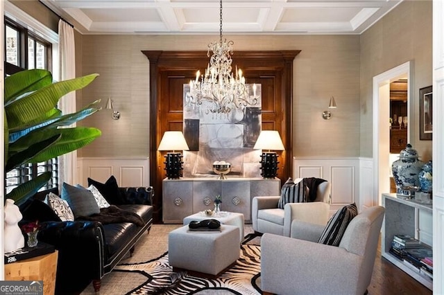 sitting room featuring beamed ceiling, coffered ceiling, and a chandelier