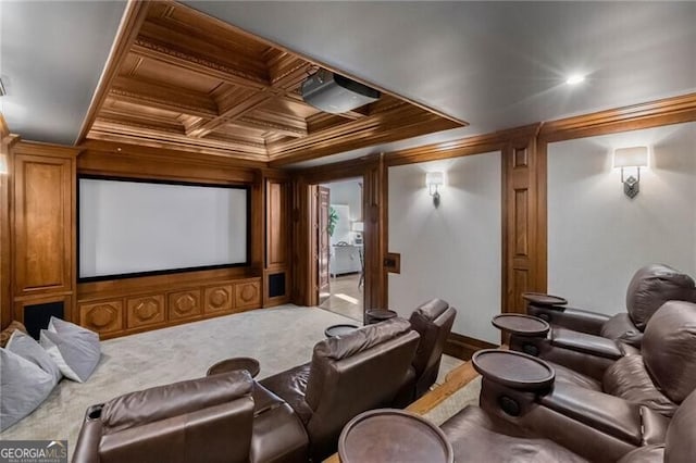 carpeted cinema room featuring coffered ceiling, crown molding, wooden ceiling, and beamed ceiling