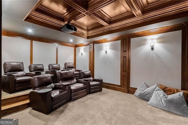 carpeted home theater featuring coffered ceiling, wood ceiling, and crown molding