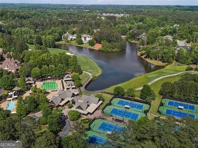 bird's eye view with a water view