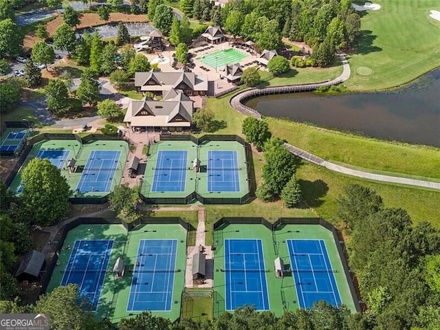 bird's eye view with a water view