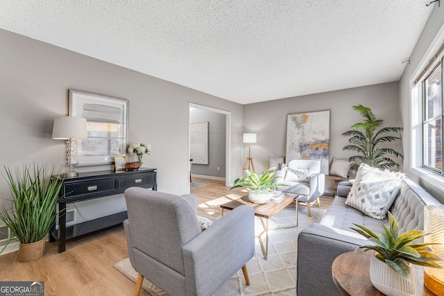 living room with a textured ceiling and light wood-type flooring