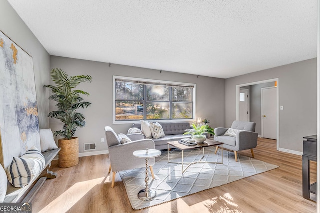 living room with a textured ceiling and light hardwood / wood-style flooring