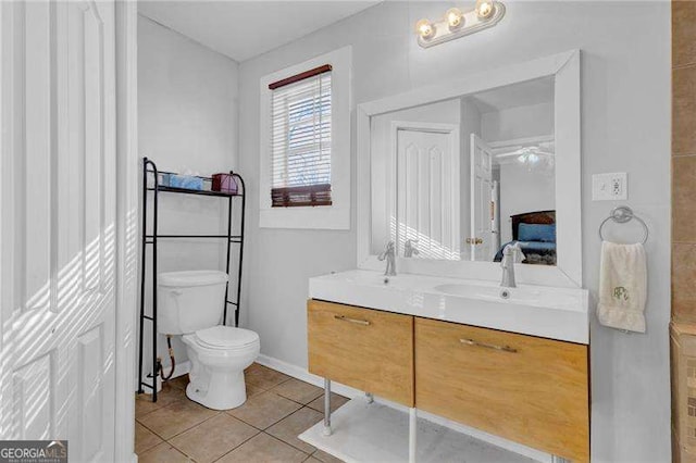 bathroom featuring toilet, tile patterned floors, and vanity