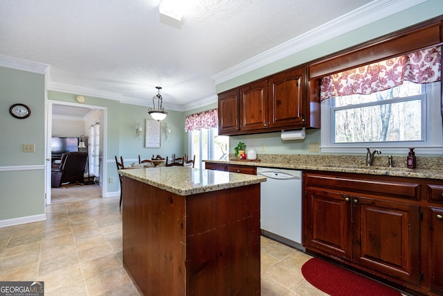 kitchen featuring a kitchen island, sink, hanging light fixtures, white dishwasher, and crown molding