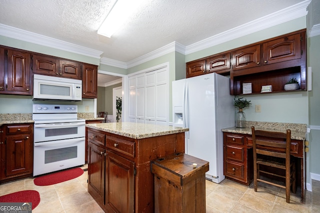 kitchen featuring crown molding, light stone counters, a center island, a textured ceiling, and white appliances